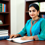 **

A professional businesswoman in a modest shalwar kameez (traditional Pakistani/Indian dress), sitting at a desk in a bright, modern office. She is fully clothed, wearing appropriate attire for a business setting. The background includes shelves with books and potted plants. Safe for work, perfect anatomy, natural proportions, professional, family-friendly.

**