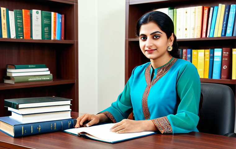 **
A professional businesswoman in a modest shalwar kameez (traditional Pakistani/Indian dress), sitting at a desk in a bright, modern office. She is fully clothed, wearing appropriate attire for a business setting. The background includes shelves with books and potted plants. Safe for work, perfect anatomy, natural proportions, professional, family-friendly.
**