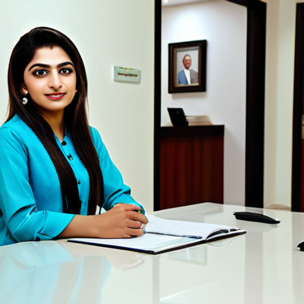 **Successful businesswoman in Karachi.** Dressed in a stylish, modest shalwar kameez, she's confidently leading a meeting in a modern office. Include details like Pakistani art on the walls and warm lighting. "Professional," "fully clothed," "safe for work," "appropriate content."